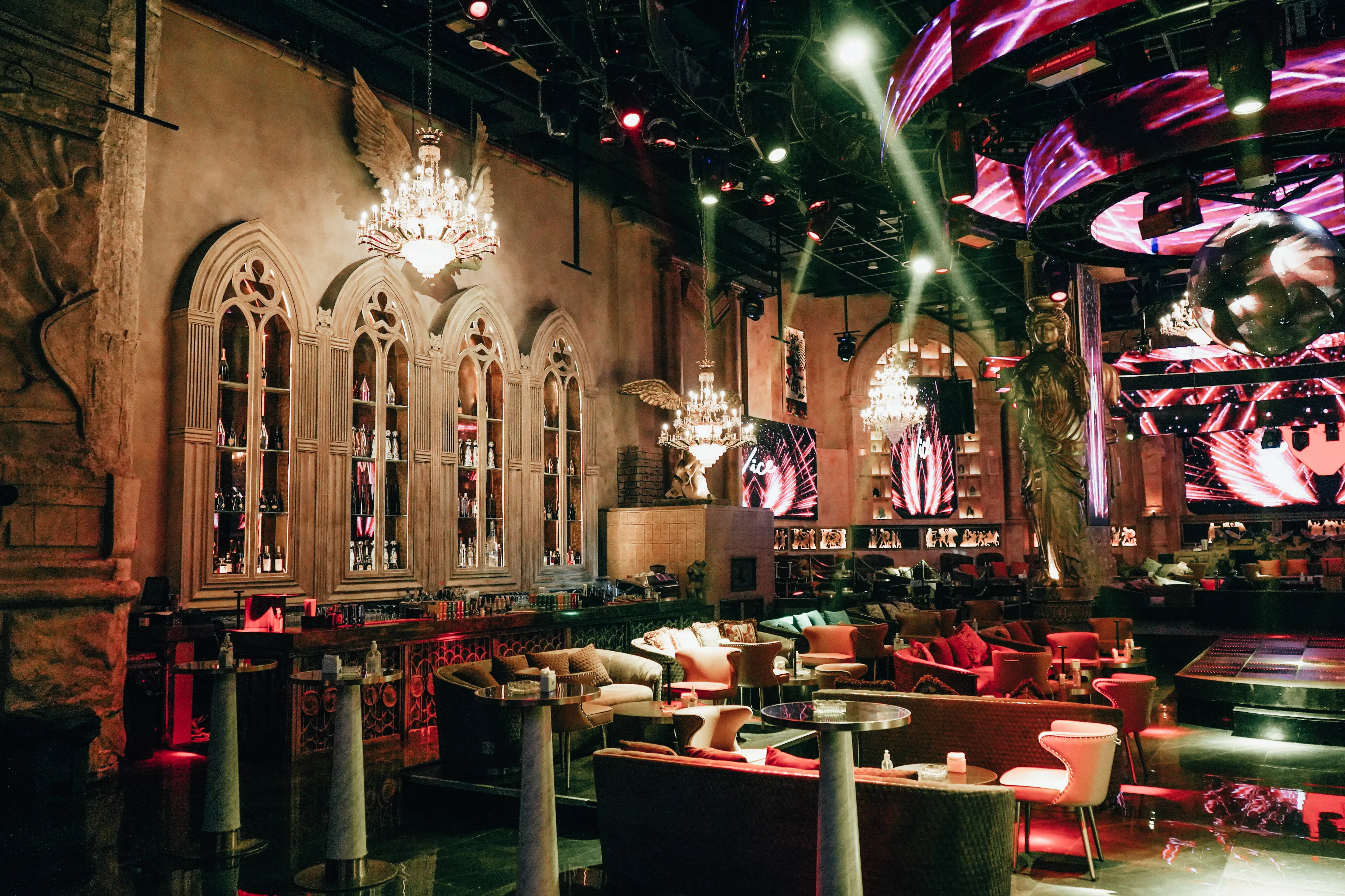 Gothic arches and chandeliers in Vice Night Club, Dubai.