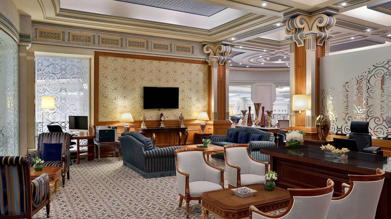 Elegant lounge at The Ritz Carlton Riyadh with luxurious seating.