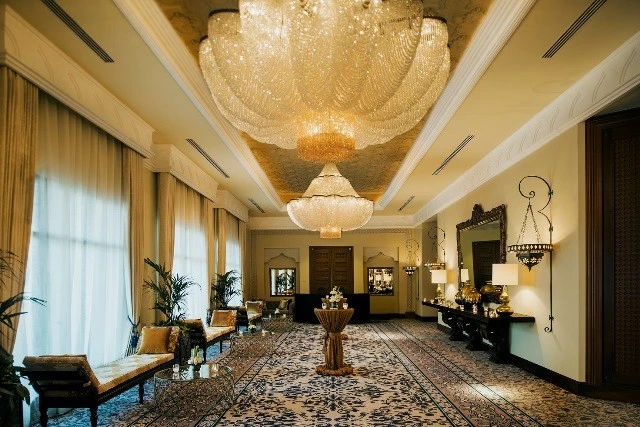 Elegant foyer with chandeliers, One&Only Royal Mirage, Dubai.
