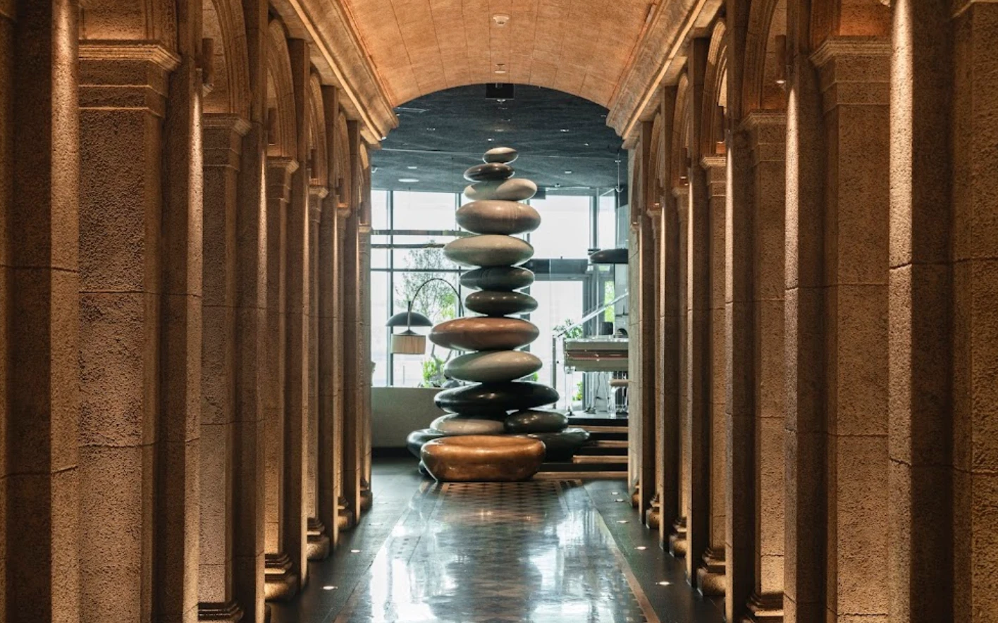 Elegant stone hallway with sculpture, Babel Dubai Restaurant Downtown.