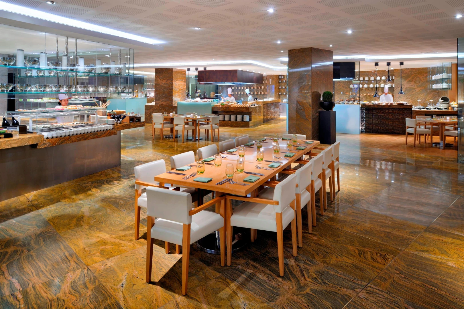 Spacious dining area with buffet at Kitchen 6, Dubai.