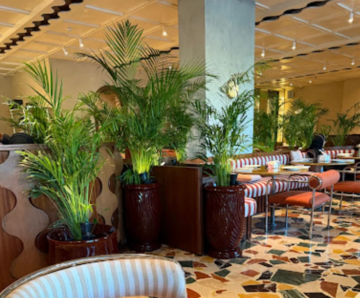 Stylish interior of PUBLIC Restaurant Riyadh with plants and seating.