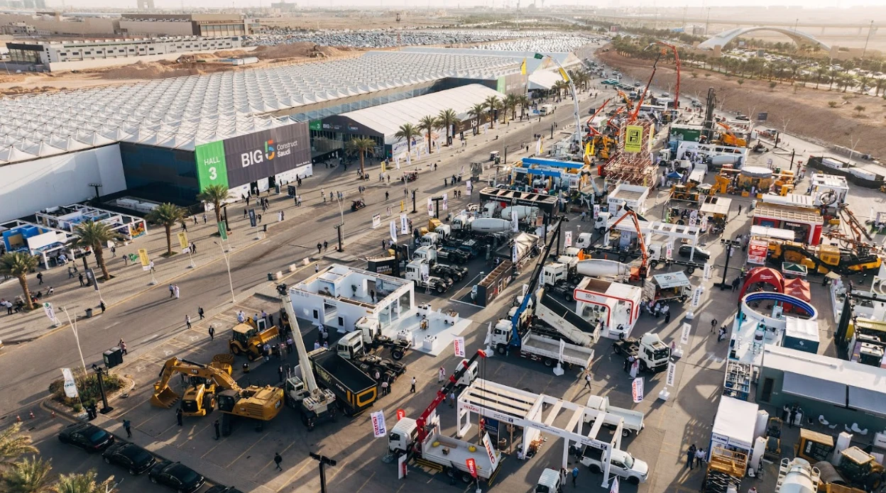 Aerial view of Riyadh Front Exhibition Center with outdoor event displays.