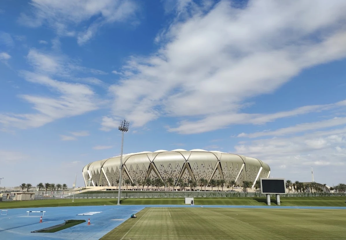 King Abdullah Sport City stadium under a blue sky, Jeddah.