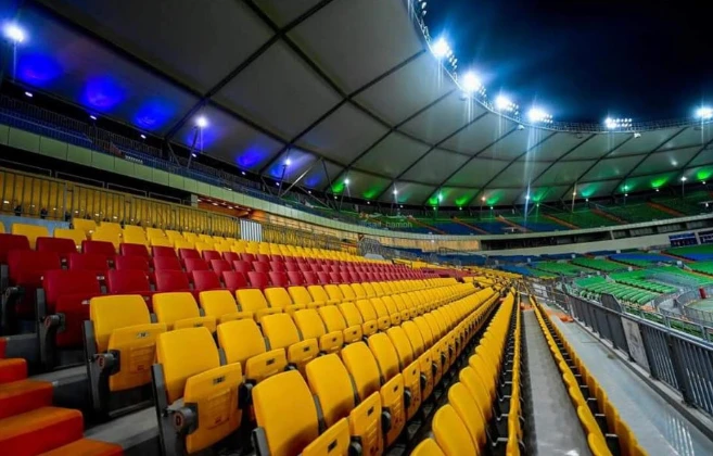 Colorful seating inside Prince Abdullah Al Faisal Sports City, Jeddah.