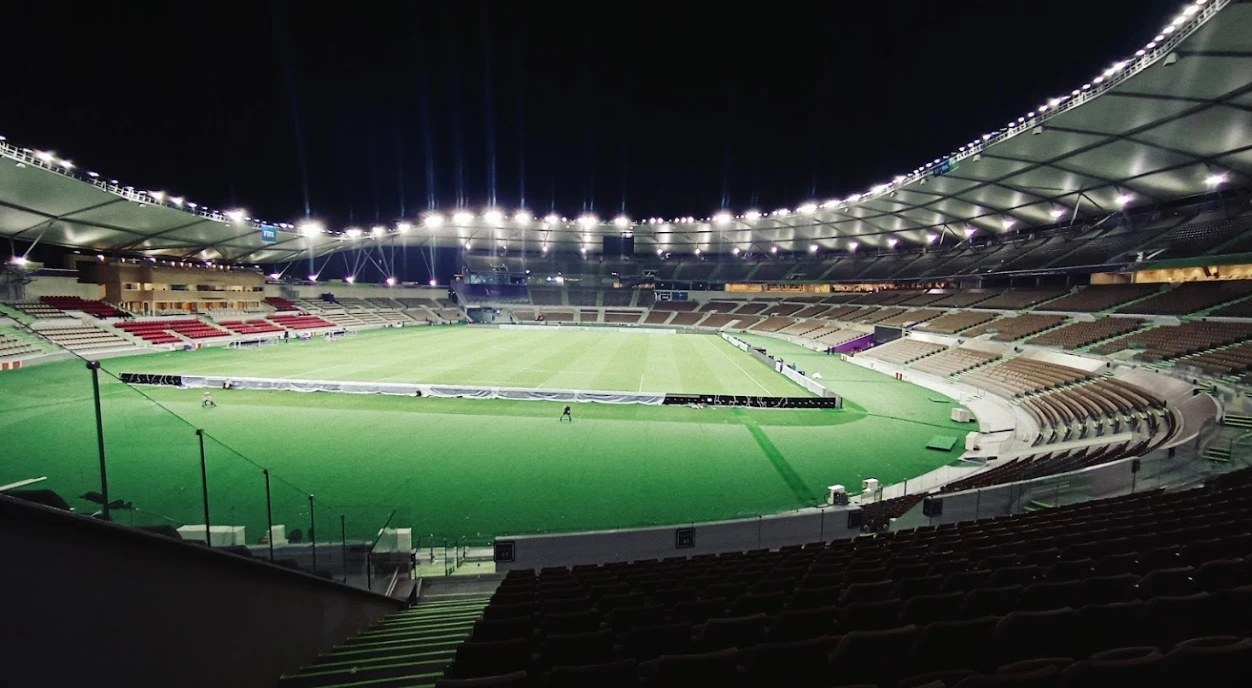 Illuminated stadium at night, Prince Abdullah Al Faisal Sports City, Jeddah.