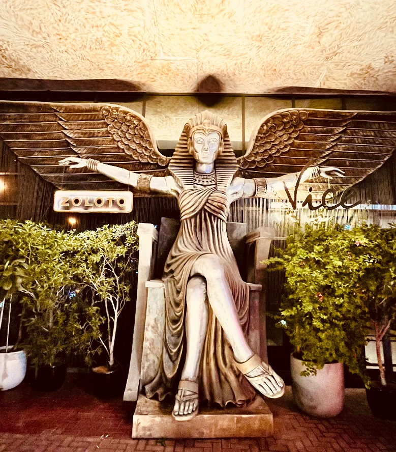 Winged statue at Vice Night Club Downtown Dubai entrance.
