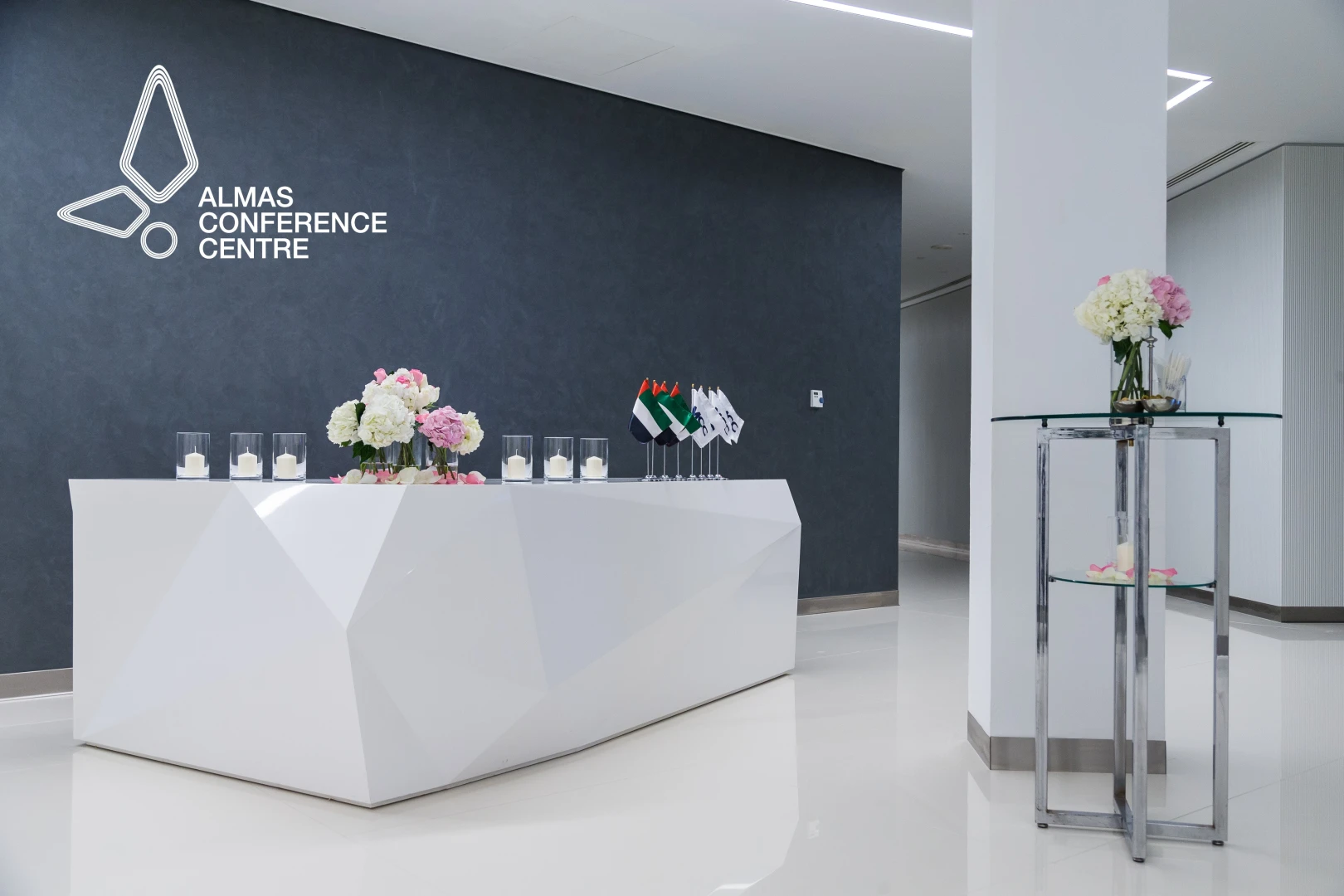 Modern reception area at Almas Conference Centre, Dubai.