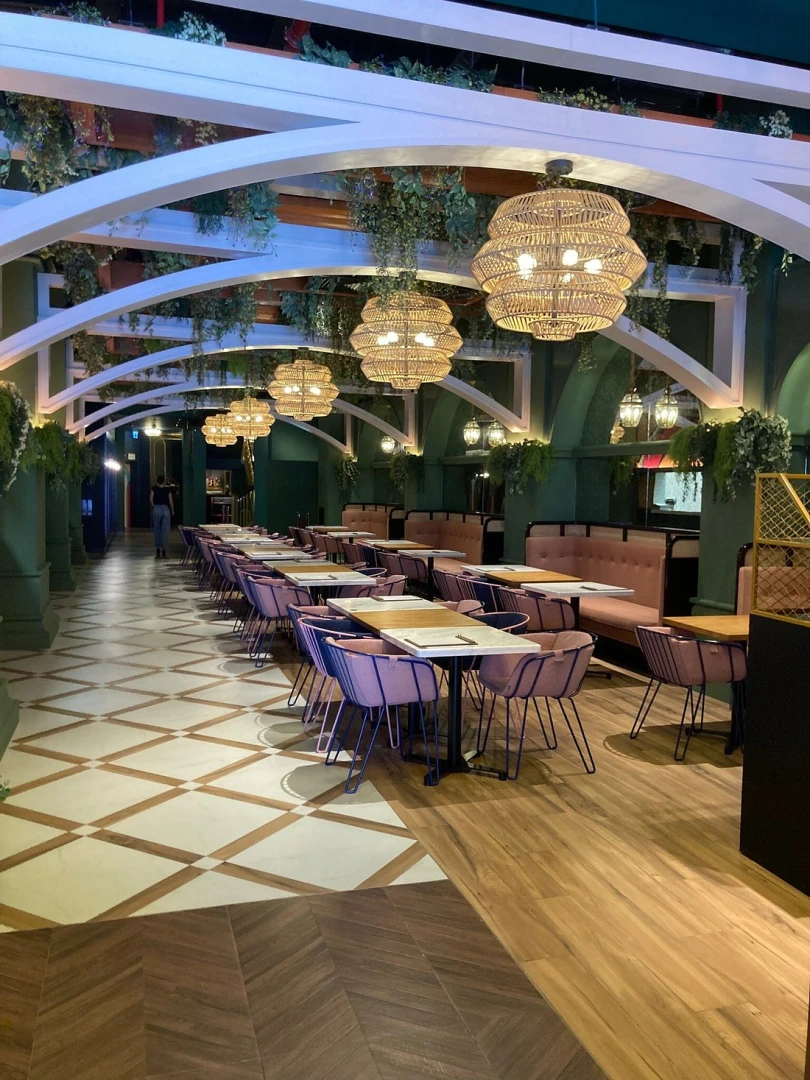 Elegant dining area at Swingers The Crazy Golf Club Dubai.