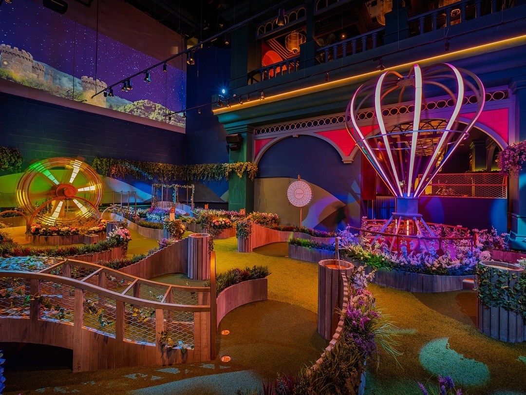 Colorful mini-golf course at Swingers The Crazy Golf Club, Dubai.