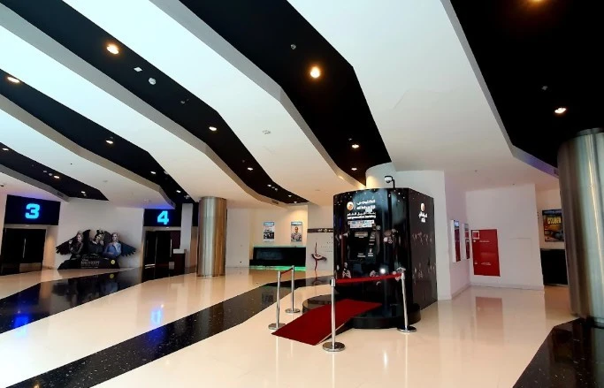 Novo Cinemas The Pearl Doha lobby with modern design and screens.