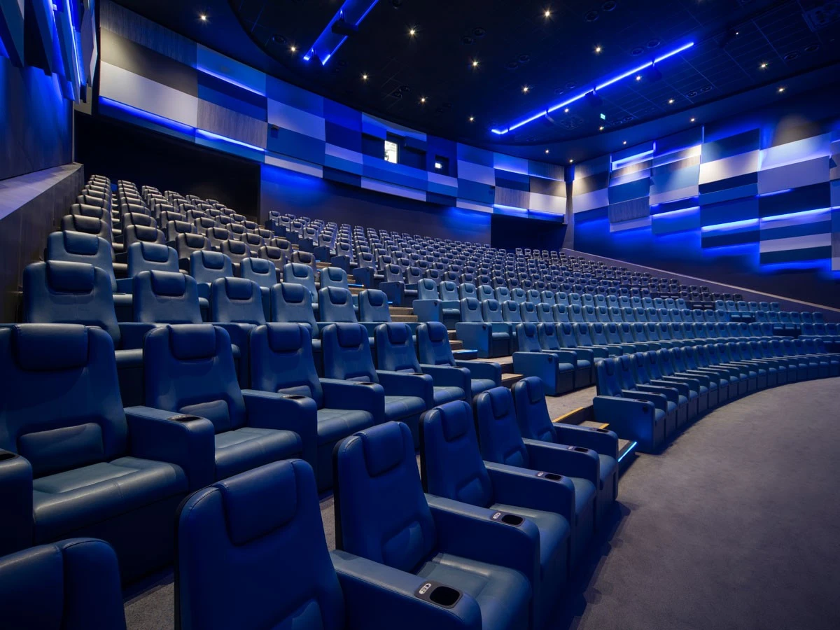 Novo Cinemas The Pearl Doha, spacious theater with blue seating.