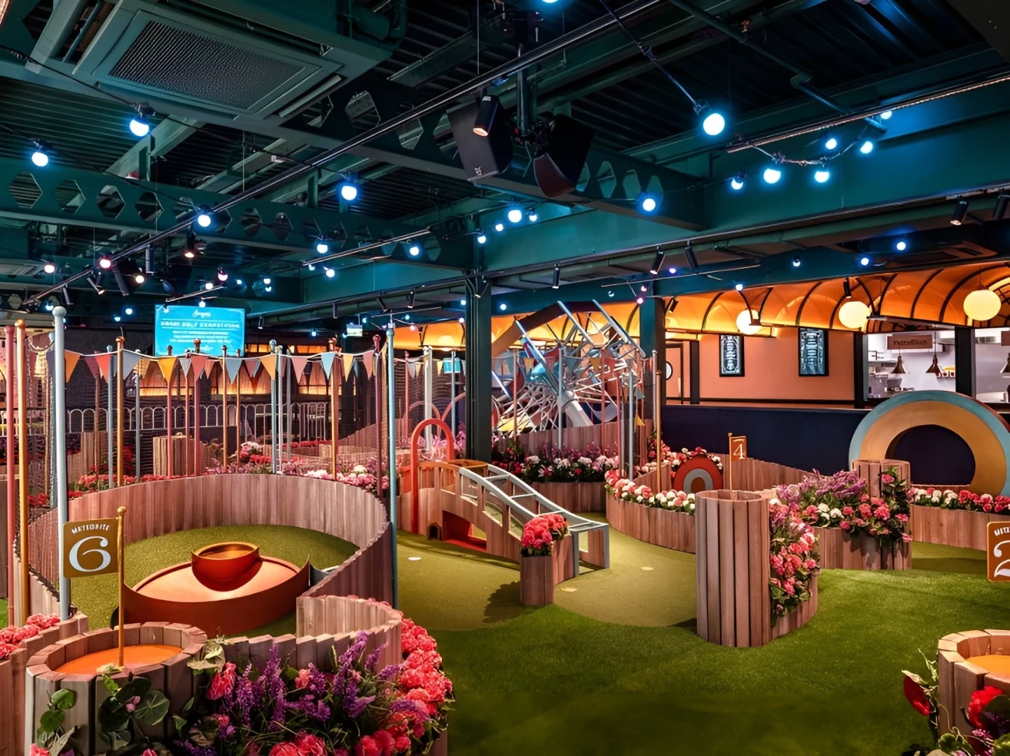 Colorful mini-golf course at Swingers The Crazy Golf Club Dubai.