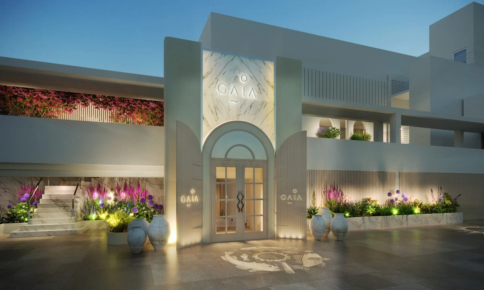 Gaia Restaurant Doha entrance with elegant lighting and floral decor.