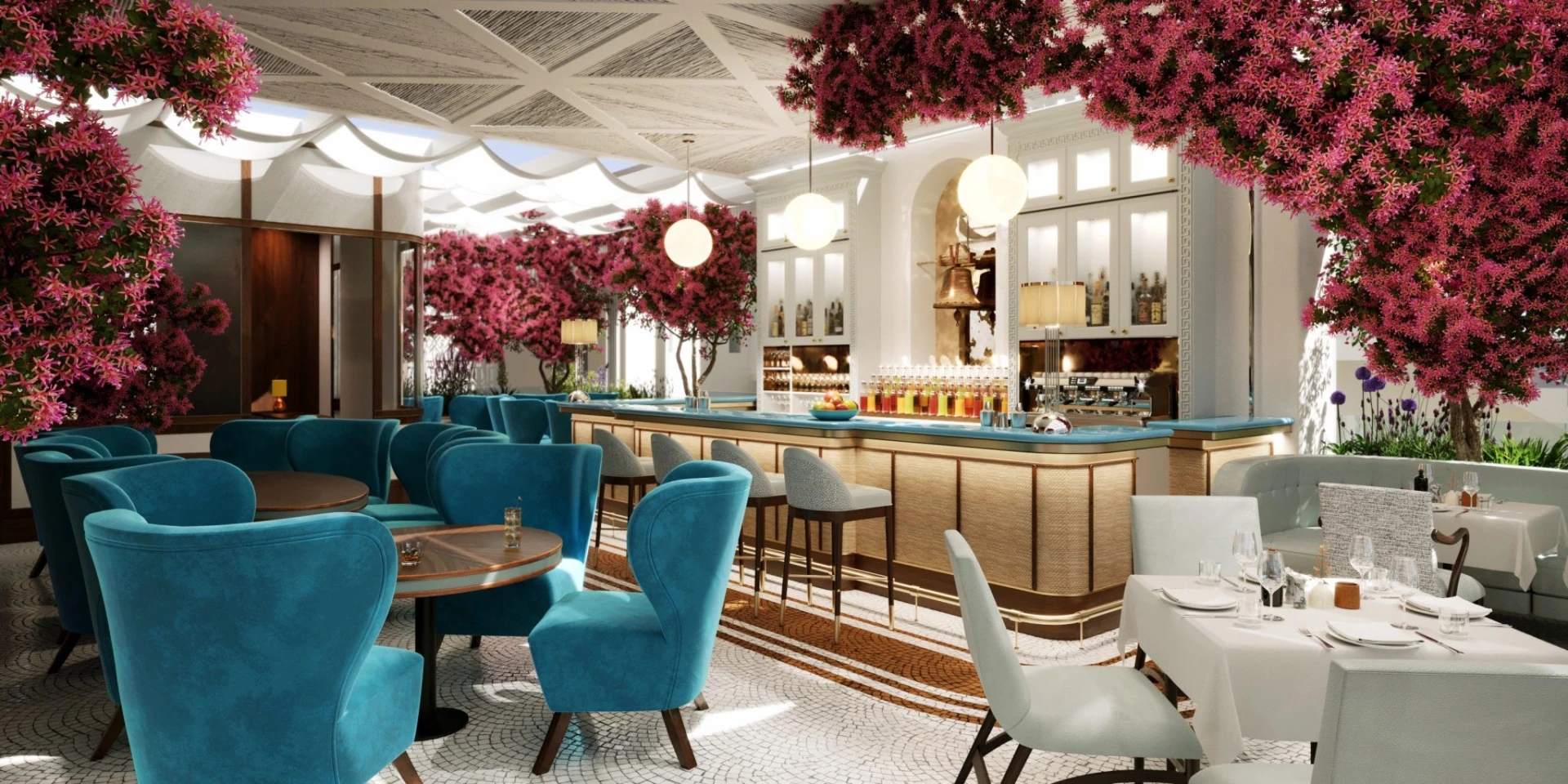 Elegant terrace at Gaia Restaurant Doha with vibrant decor and seating.