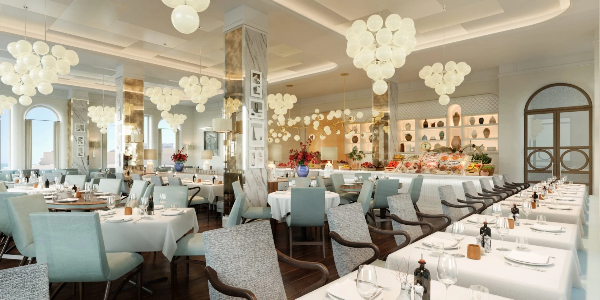 Elegant dining area at Gaia Restaurant Doha with modern decor.