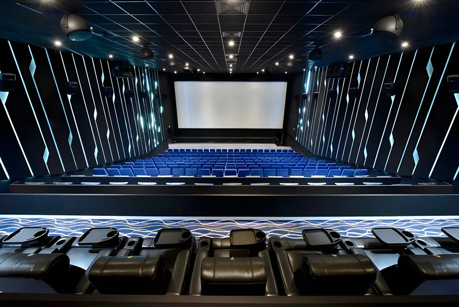 Oasis Mall Cinema Juffair auditorium with blue seats, Manama.