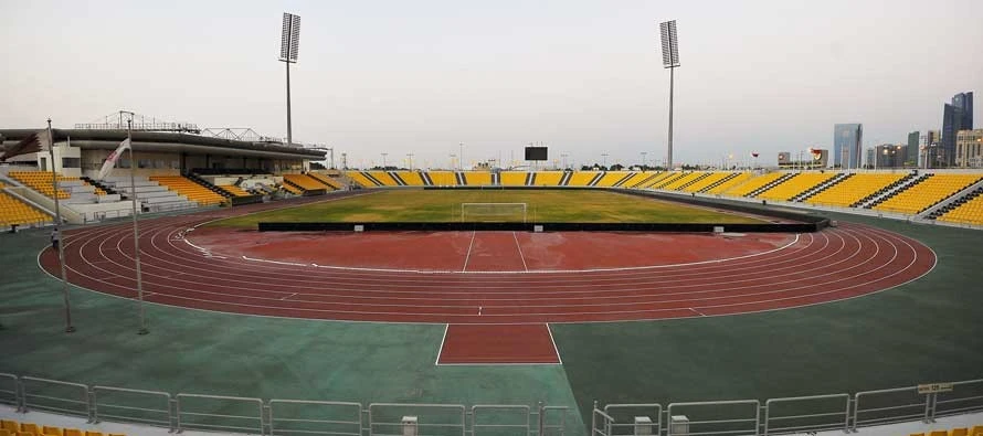 Suheim Bin Hamad Stadium, Doha, empty track and field view.