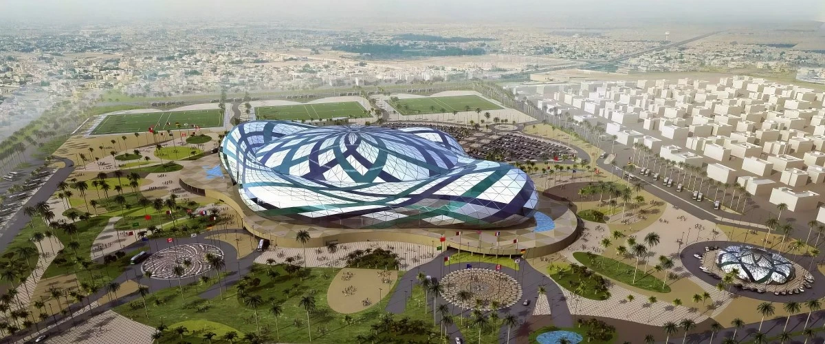 Aerial view of Lusail Multipurpose Hall, Doha, with surrounding landscape.