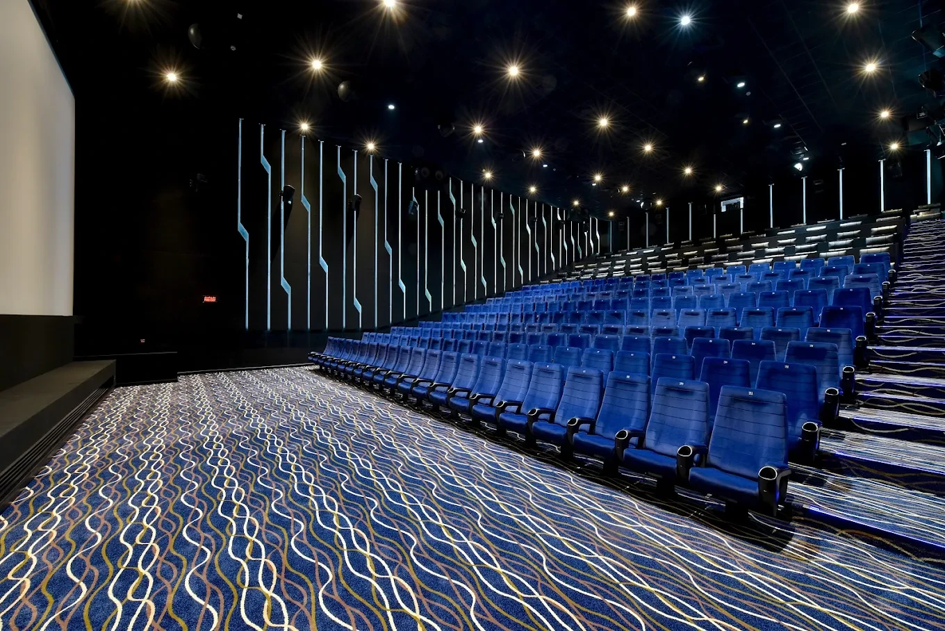 Oasis Mall Cinema auditorium with patterned carpet, Manama.