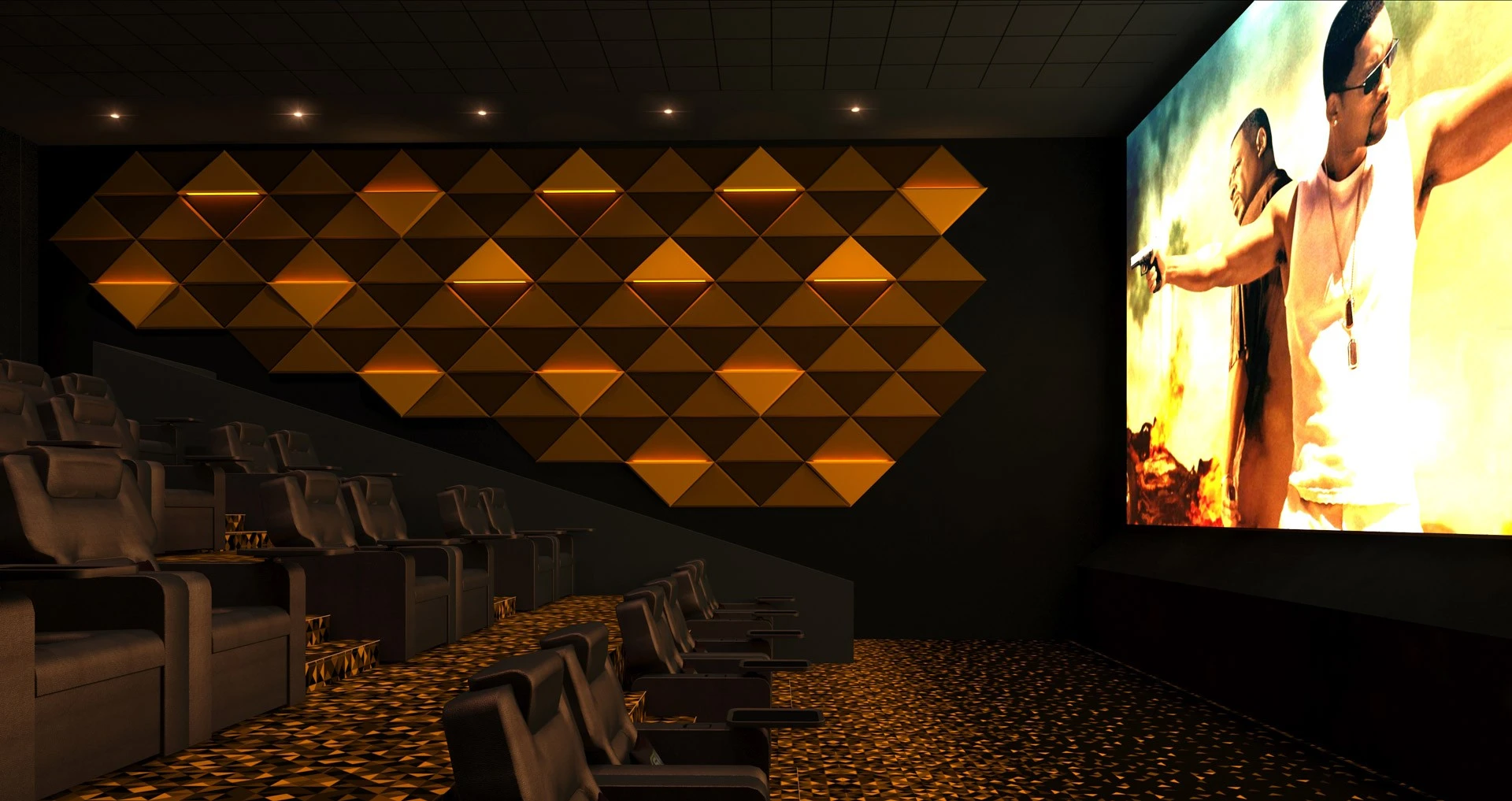 Luxurious seating and screen at Sky Cinema Kuwait, Kuwait City.