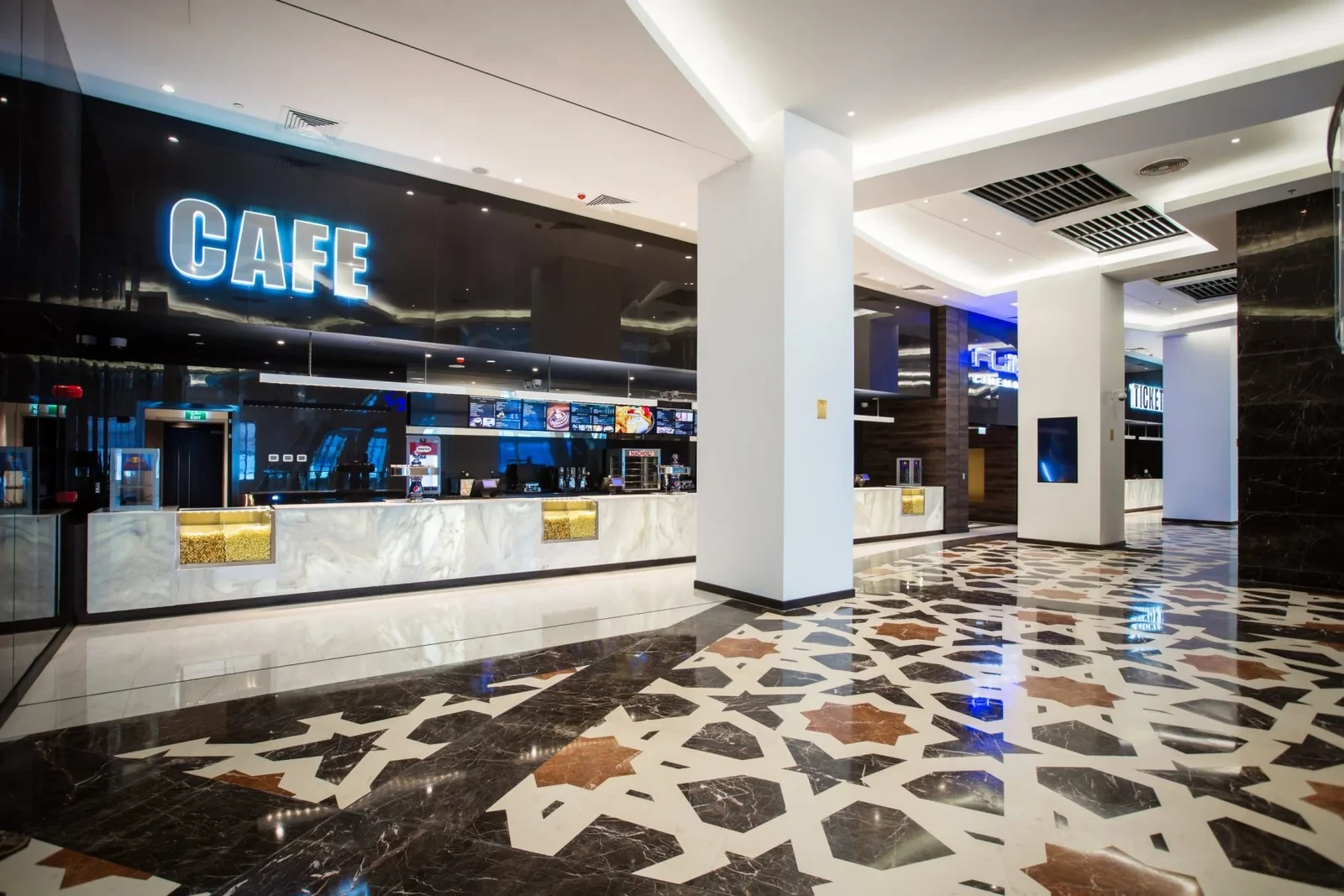 Flik Cinema lobby with cafe, Al Mirqab Mall, Doha.