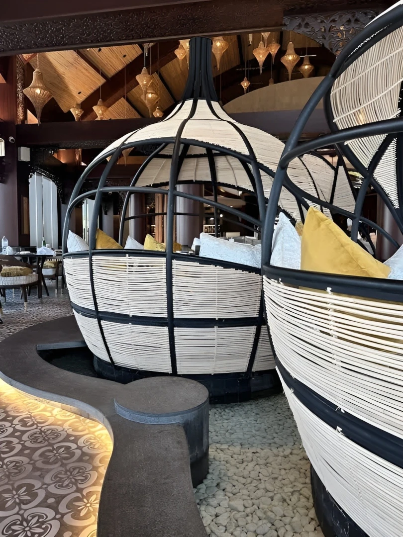 Elegant seating pods at Mekong Restaurant, Ras Al-Khaimah.