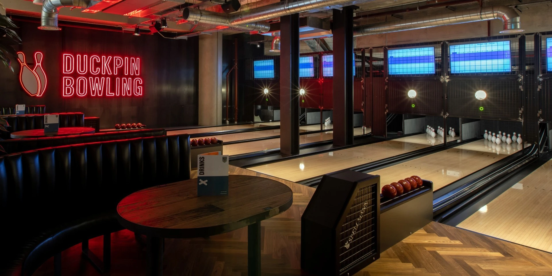 Bowling lanes and seating at BrewDog Bluewaters, Dubai.