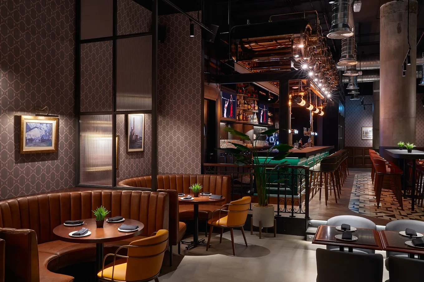 Stylish interior of The Tap House Dubai Hills restaurant and bar.