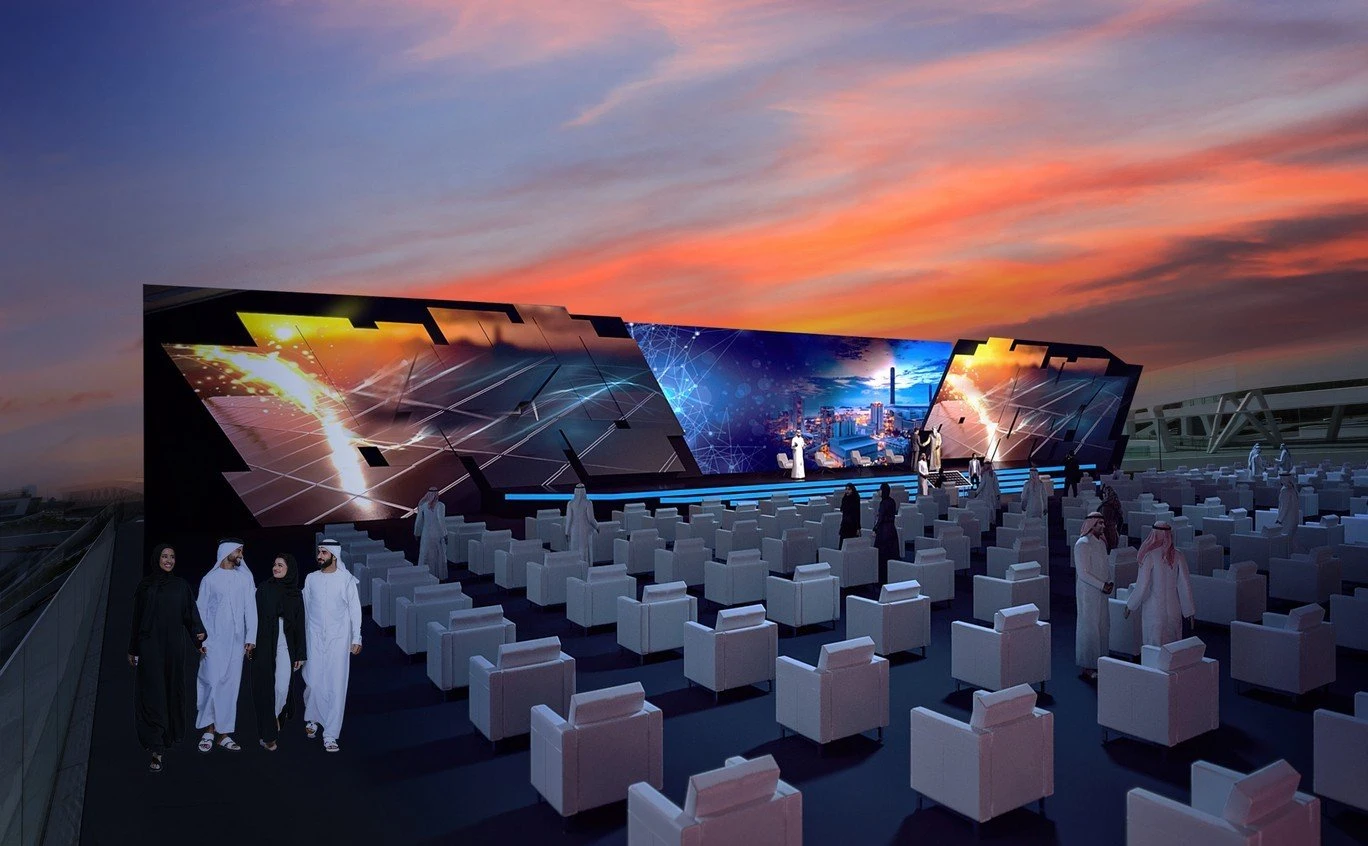 Al Qana rooftop event space at sunset, Abu Dhabi.