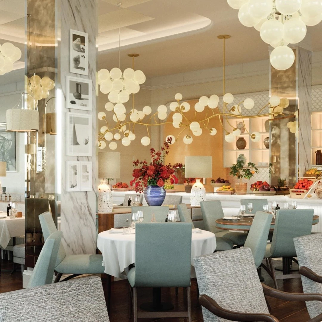 Sophisticated dining setup at Gaia Restaurant Doha with artistic lighting.