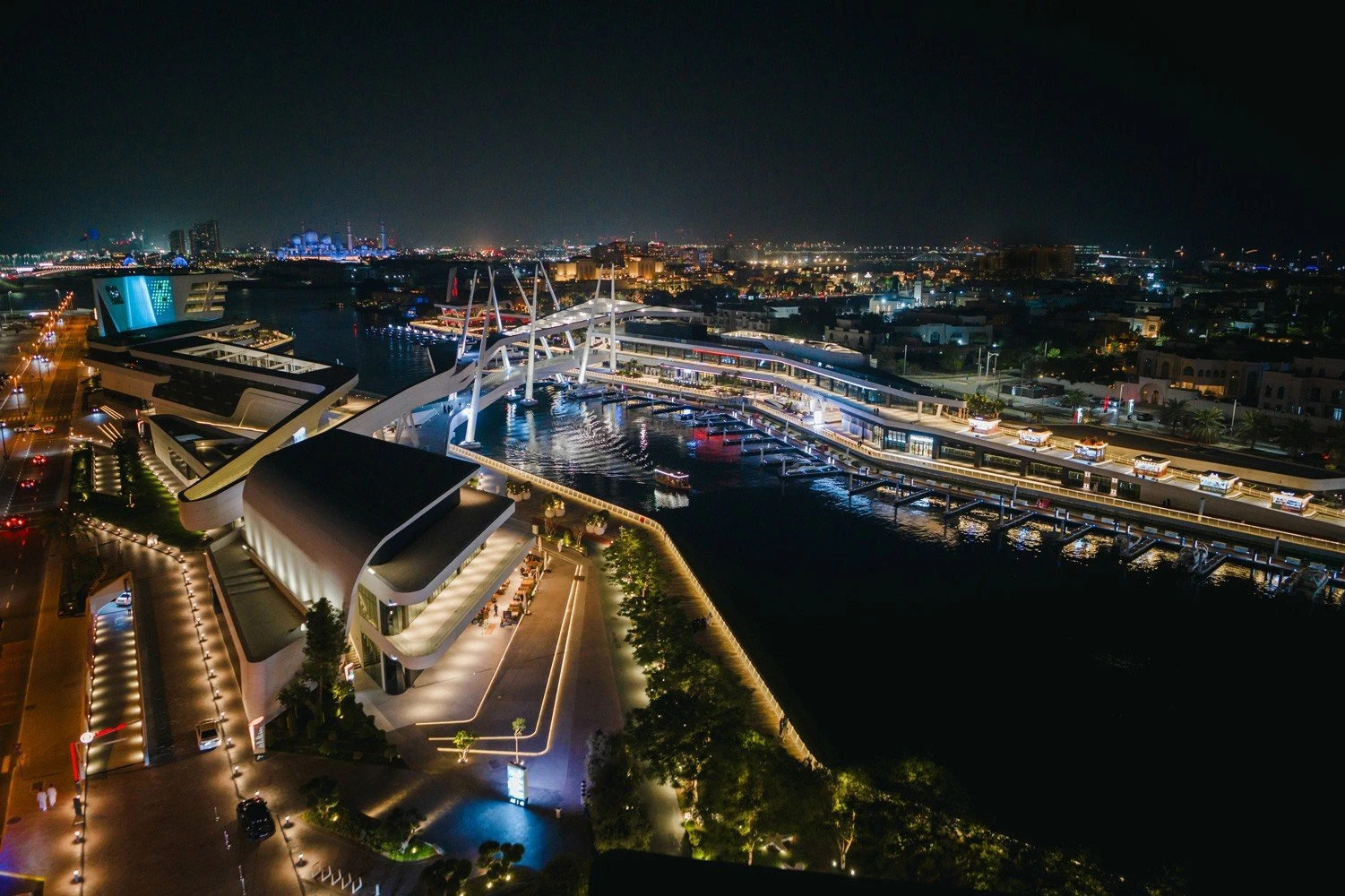 Al Qana Abu Dhabi illuminated at night with waterfront view.