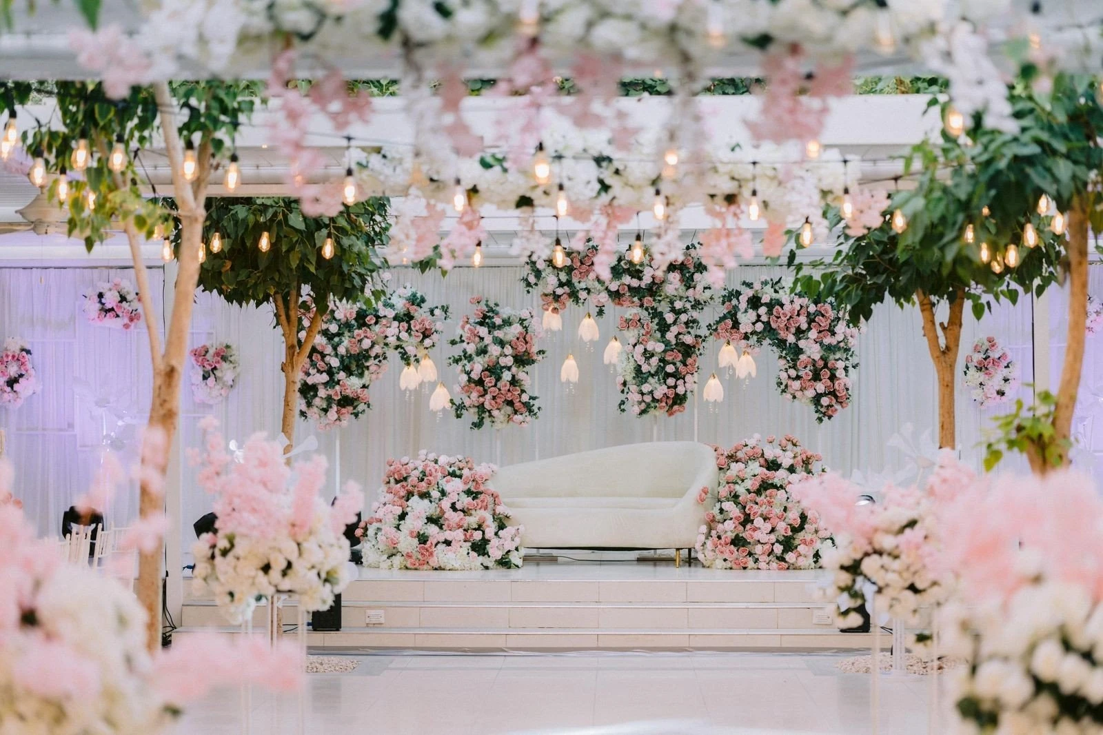 Elegant floral decor at The Farm Restaurant Al Barari, Dubai.