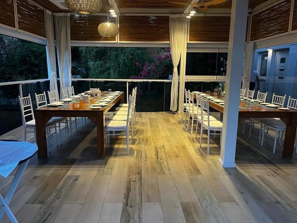 Elegant dining setup at The Farm Restaurant, Al Barari, Dubai.