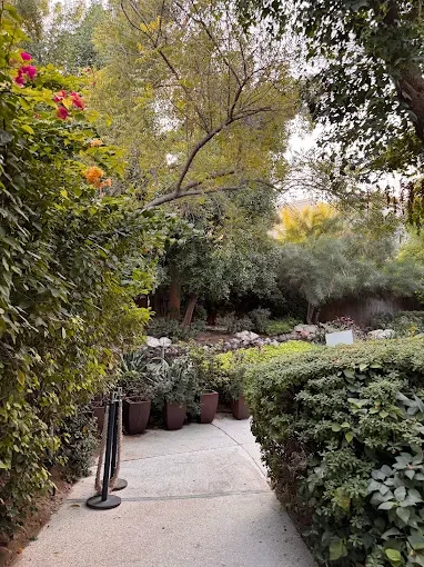 Serene garden walkway with potted plants, The Farm, Al Barari, Dubai.