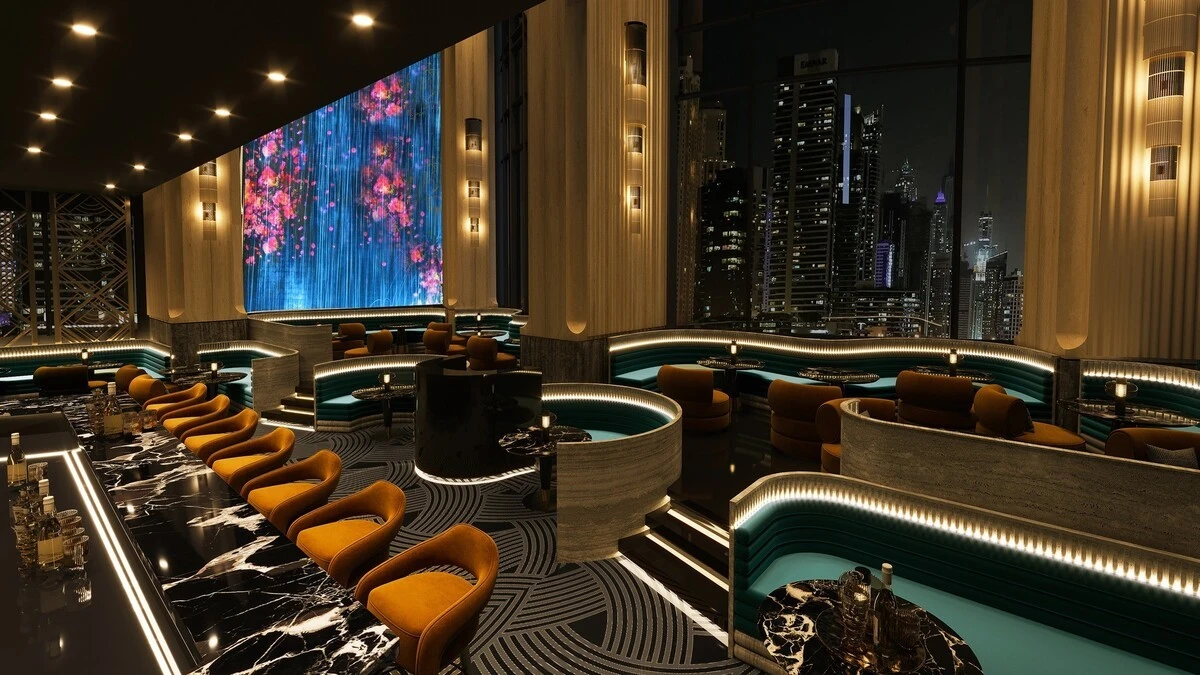 Elegant interior of Zenon Restaurant Dubai with city skyline view.