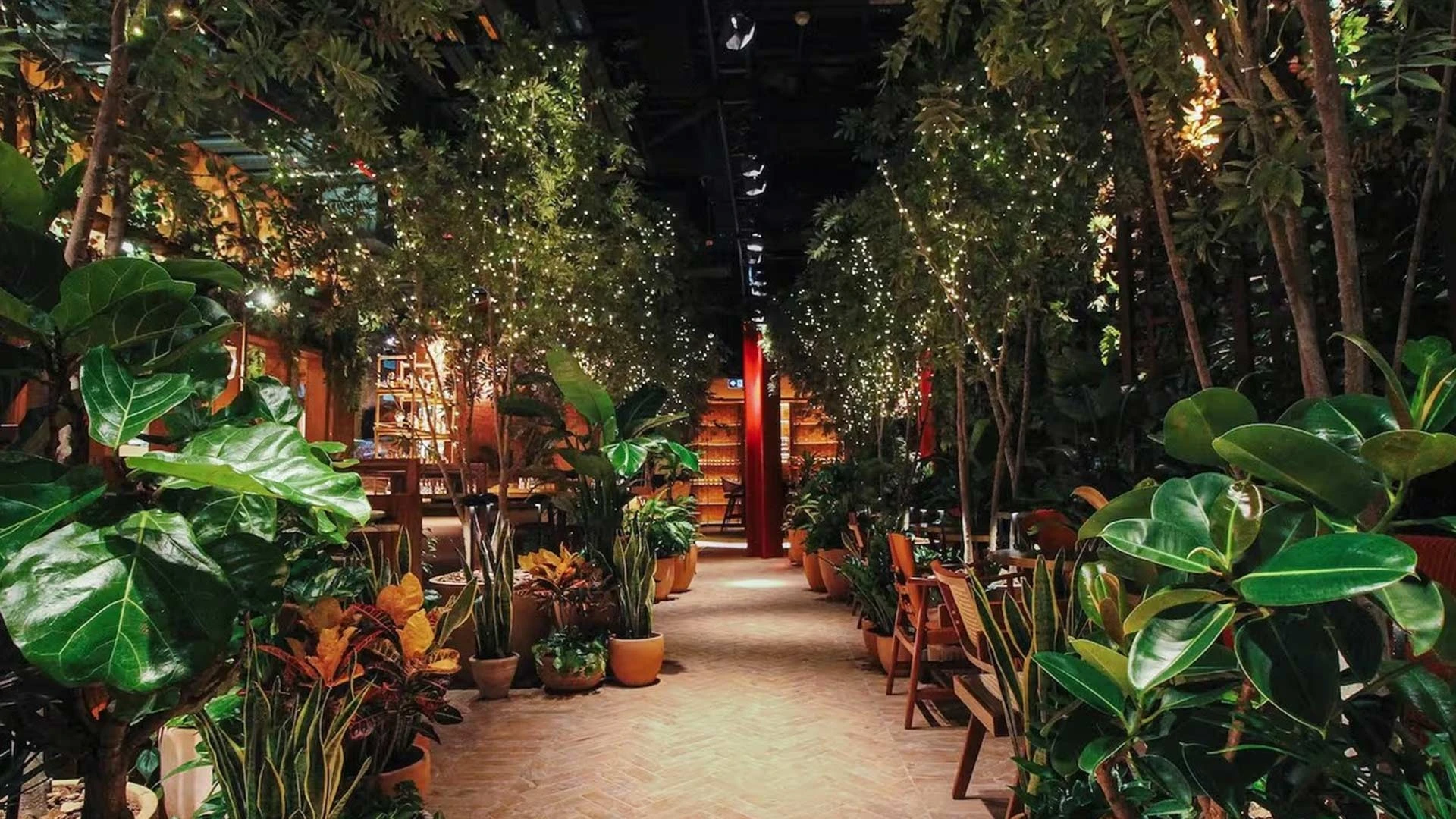 Lush indoor garden with lights at The Guild Dubai.