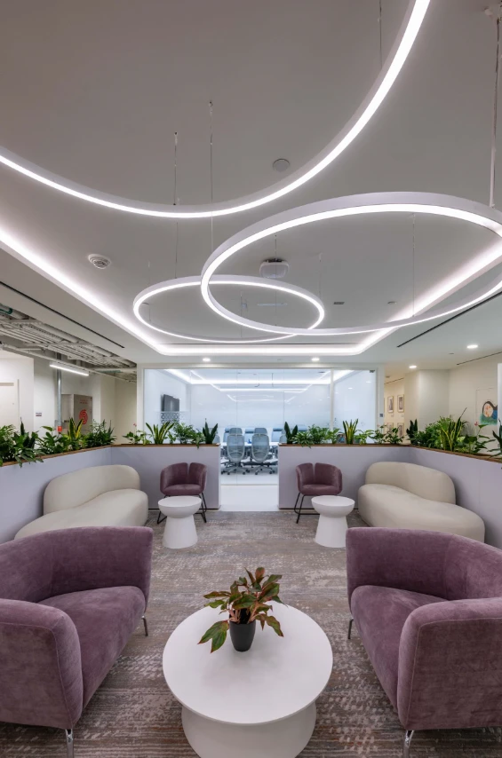 Modern lounge area with circular lights, Expo City Dubai.