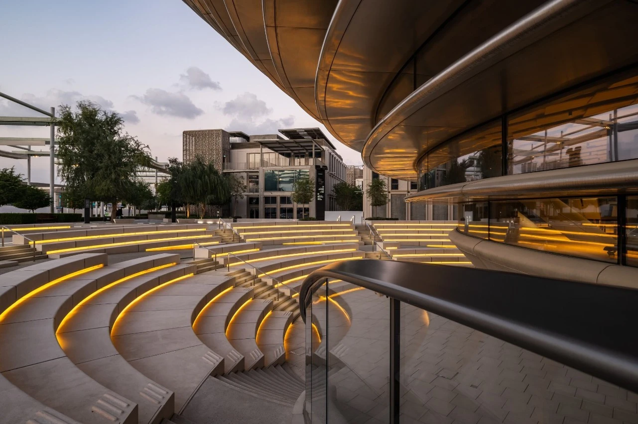 Expo City Dubai's Alif The Bowl amphitheater with glowing steps.