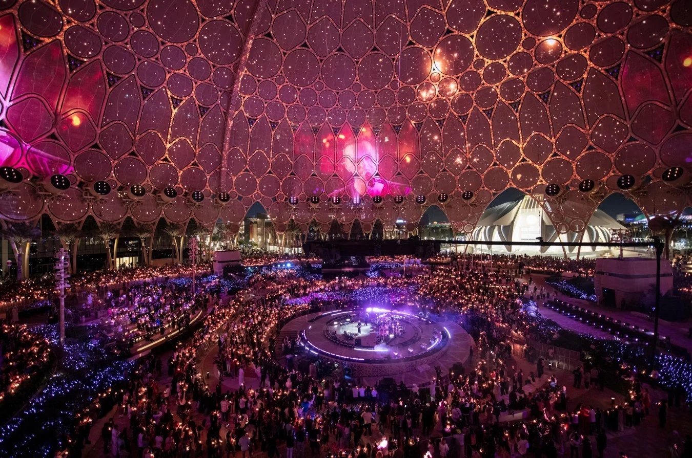 Al Wasl Plaza illuminated at night, Expo City Dubai event.