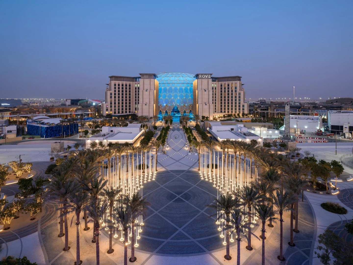 Al Wasl Plaza illuminated at dusk, Expo City Dubai.