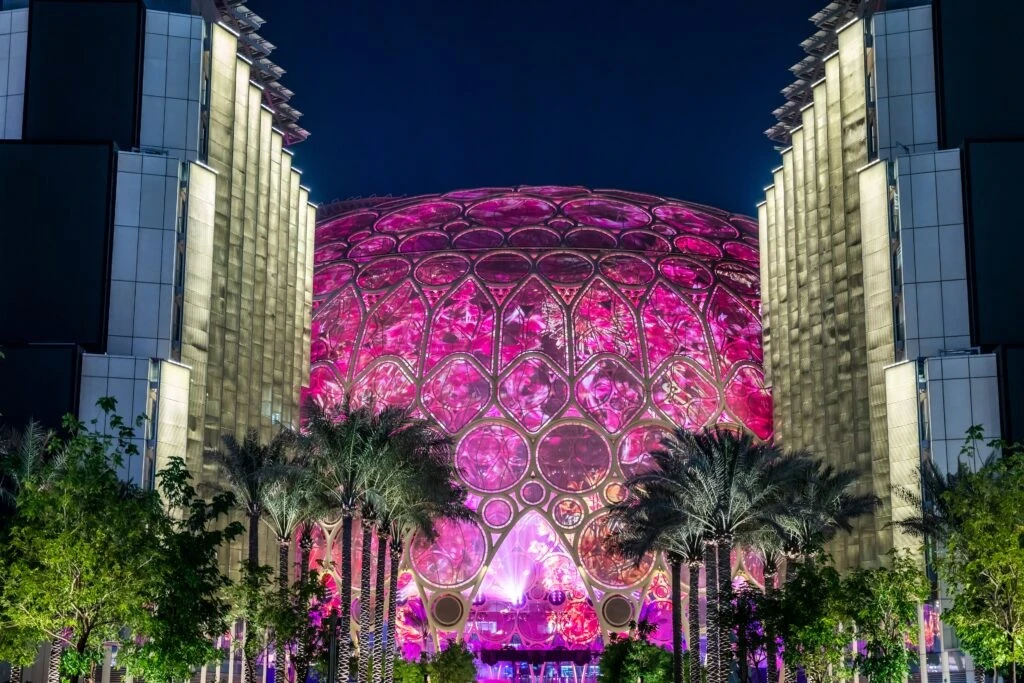 Al Wasl Plaza illuminated at night, Expo City Dubai.