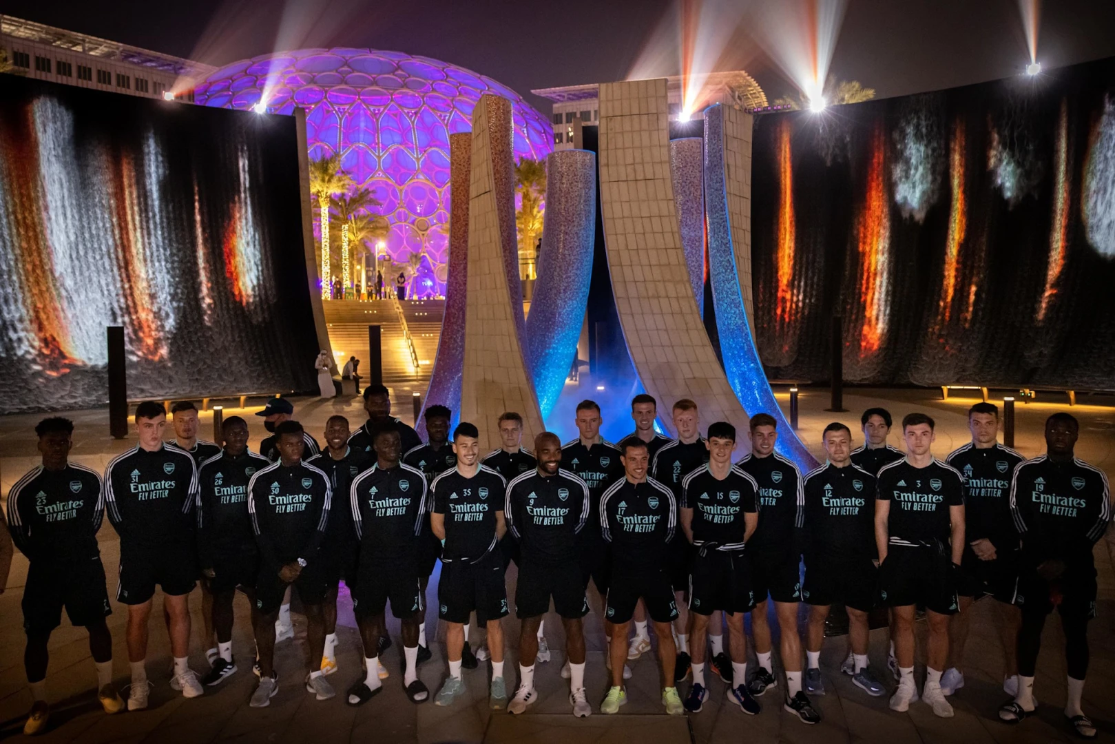 Arsenal team at Surreal water feature, Expo City Dubai, nighttime