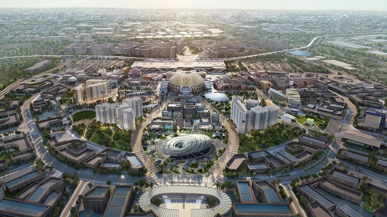 Aerial view of Expo City Dubai's modern architecture and pathways.