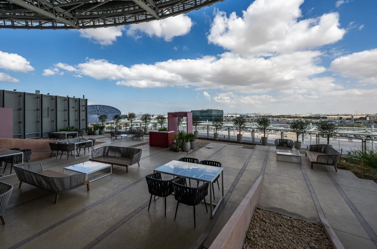 Terra Rooftop at Expo City Dubai with city skyline view.