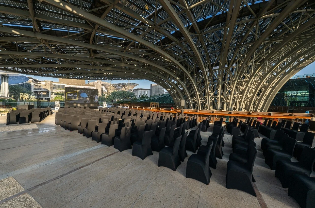 Expo City Dubai Terra Terrace seating under architectural canopy.