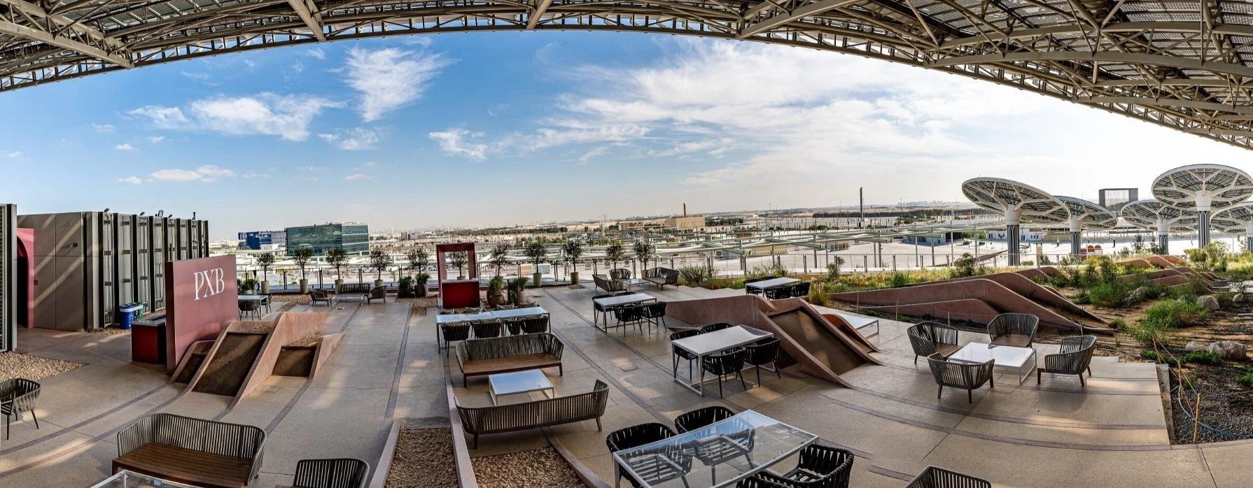 Terra Rooftop at Expo City Dubai with outdoor seating and views.