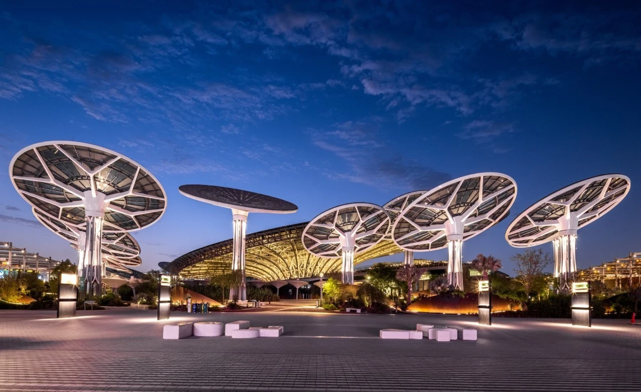 Solar trees at Terra Ghaf Circle, Expo City Dubai, evening view.