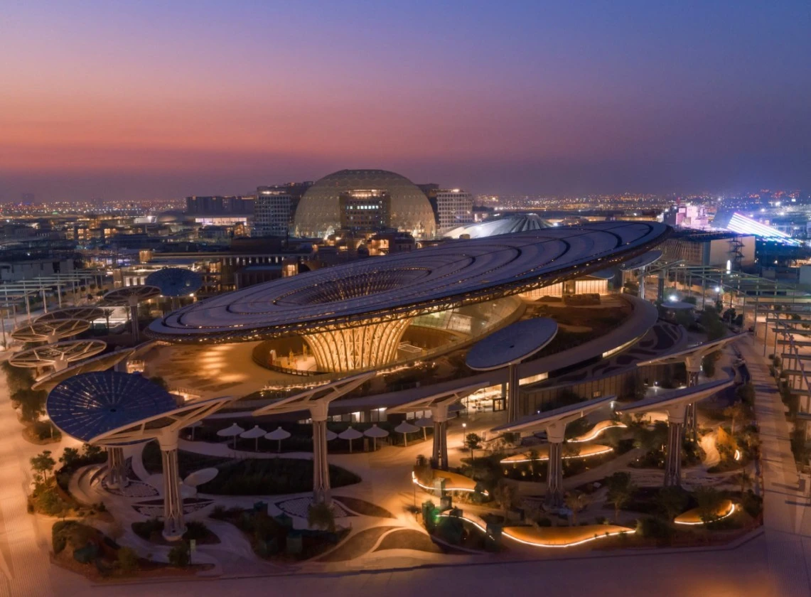Expo City Dubai, Terra Ghaf Circle at sunset, futuristic architecture.