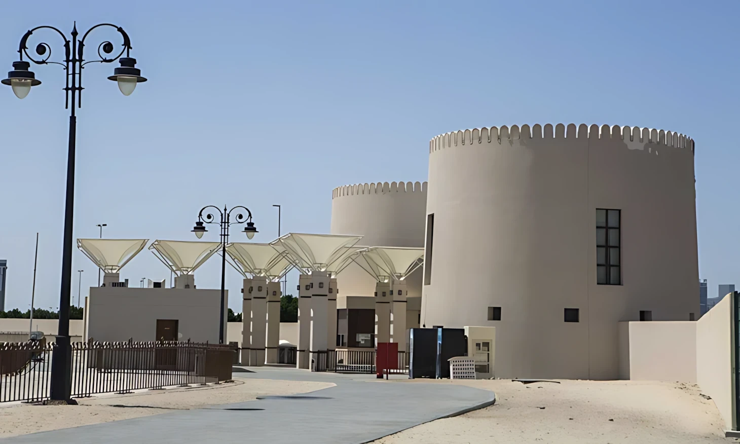 Khalifa Park Amphitheater entrance with modern architecture, Abu Dhabi.